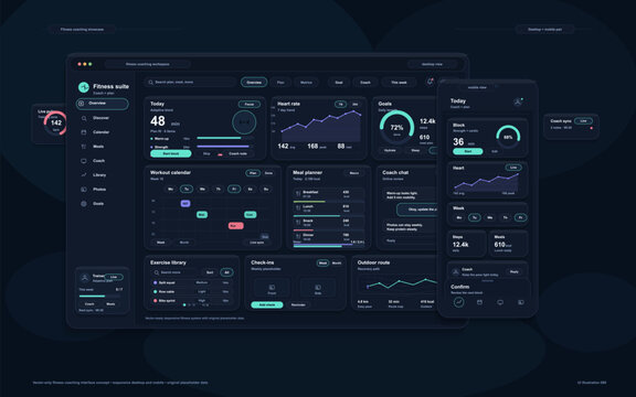 A modern fitness coaching dashboard interface featuring a dark mode design with desktop and mobile views, displaying workout calendars, heart rate charts, and meal planning metrics.