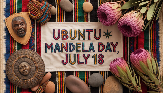 A culturally rich display for Ubuntu Mandela Day on July 18, featuring African art, symbolic objects, and protea flowers, celebrating humanity and community.