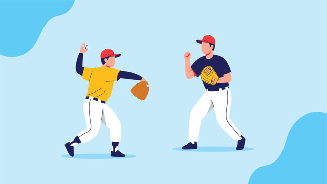 Baseball players engage in practice on a bright blue background with one pitcher throwing and the catcher ready to receive.