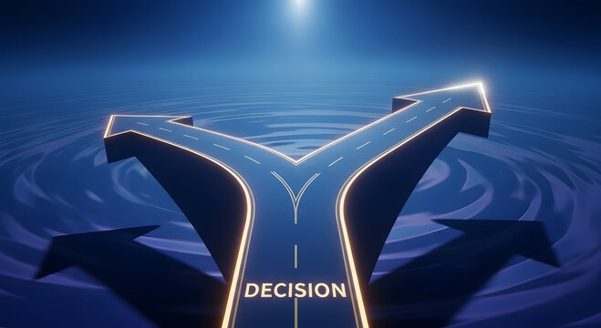 Business decision concept, choice and dilemma, forked path in water, illuminated symbolic photo