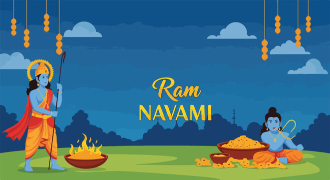 Colorful depiction with two figures, fire bowl, sweets, and text