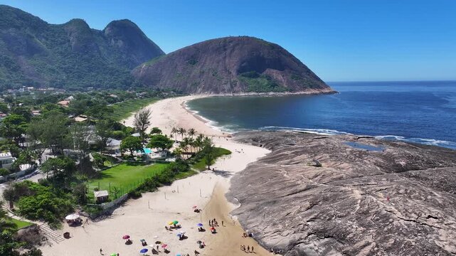 Itacoatiara Beach In Niteroi Rio De Janeiro Brazil. Breathtaking Aerial View Of A Lush Tropical Coastline Scenery. Island Life Landscape Idyllic Vibrant. Island Life Waterfront Coast.