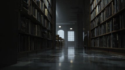 Fototapeta premium Quiet Library Aisle: Shadows, Light, and Bookshelves in a Narrow Aisle