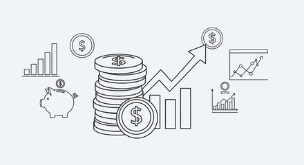 Fototapeta premium Financial growth and investment concept with coins and upward graph arrows.