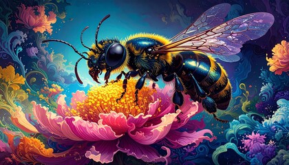 Fototapeta premium A majestic bee gracefully pollinates a radiant, fantastical pink flower, set against a backdrop of swirling, colorful flora in a vibrant, dreamlike garden
