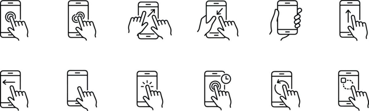 mobile touch gesture line icons set, smartphone screen hand tap swipe scroll click press drag and hold interface interaction navigation vector outline icon collection on transparent background