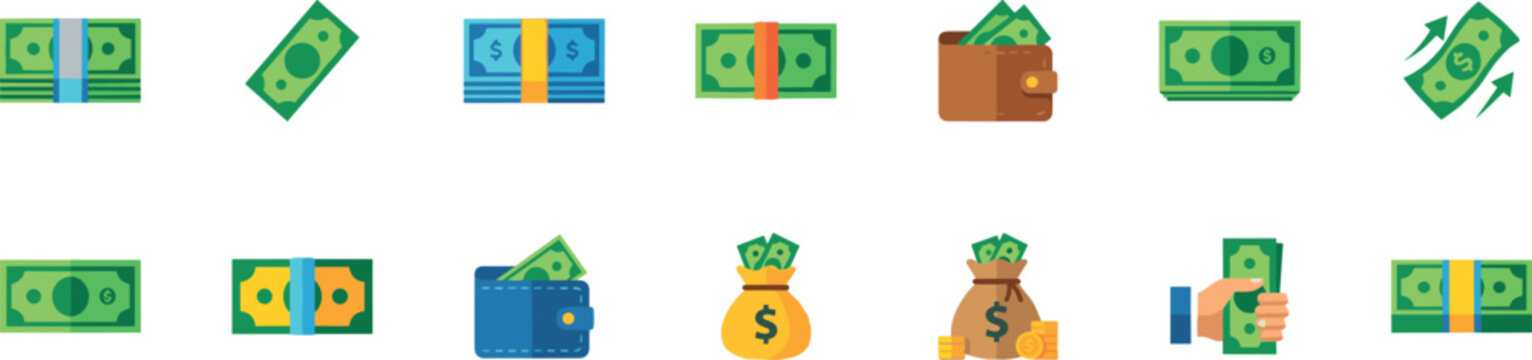 money cash and currency icons set, banknote bill wallet payment banking wealth income profit investment and dollar finance flat vector illustration collection on transparent background