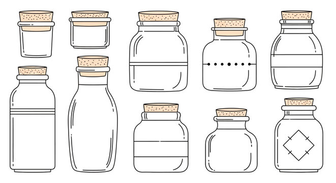 Set of various empty glass jars and bottles with cork lids in different shapes and sizes.