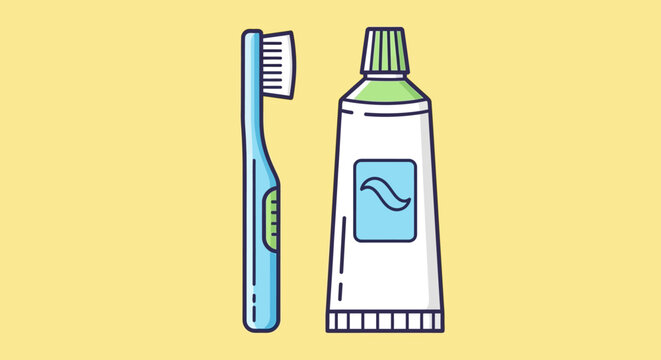 Illustration of a toothbrush and toothpaste tube on a yellow background.