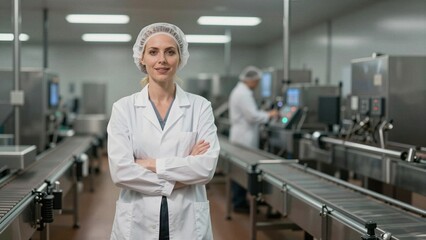 Obraz premium A smiling woman in a white lab coat and hairnet stands confidently with arms crossed, overseeing a clean food production line. Another worker is seen operating machinery in the background.