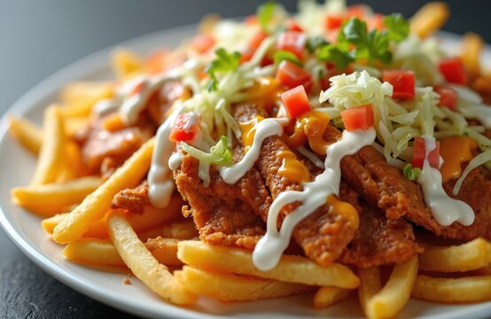 Crispy fries topped with tender chicken pieces, fresh salad, melted cheese, and creamy sauces create a delightful meal. This rich, satisfying dish is a popular fast food choice.