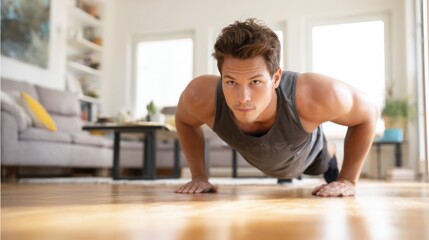 Fototapeta premium fitness workout at home young man doing push ups bright living room healthy lifestyle