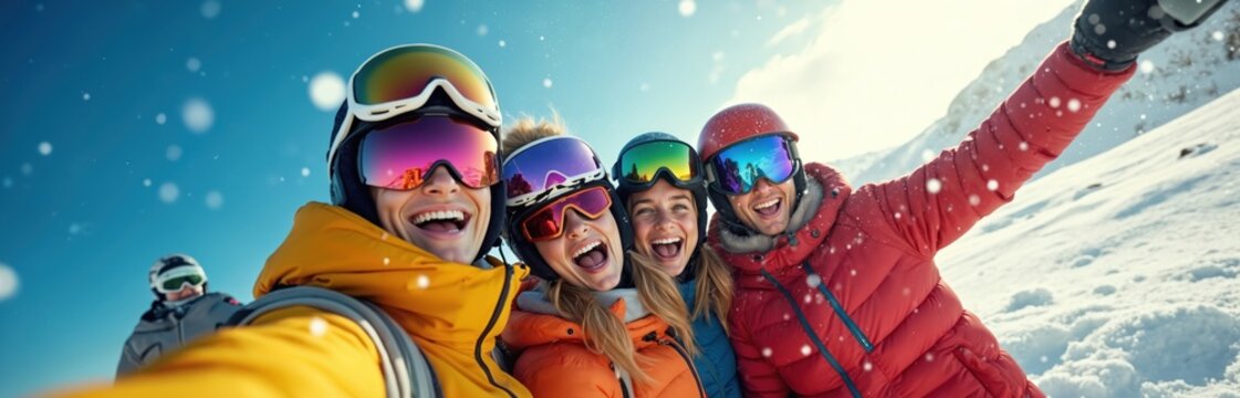 Group of four friends taking selfie on snowy mountain slope during ski trip. Wear colorful ski gear, goggles, smiling happily with bright sun, blue sky above. Snowflakes fall gently around, adding to