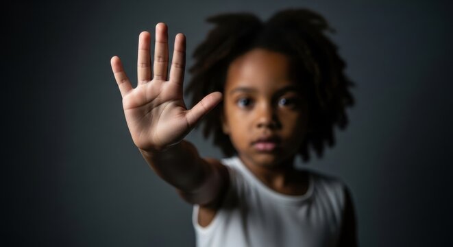 Retrato dram&aacute;tico de crian&ccedil;a negra fazendo sinal de pare com a m&atilde;o, conceito contra abuso, bullying e viol&ecirc;ncia.