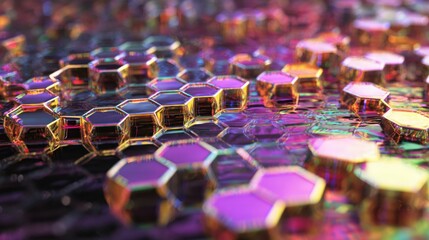 Fototapeta premium Floating hex mesh over abstract liquid surface, vibrant neon gradient reflections, futuristic and digital, ultra detailed