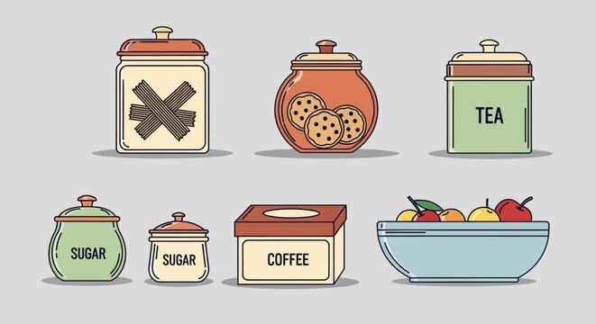 Collection of kitchen containers and a bowl of fresh fruit in a simple cartoon style.