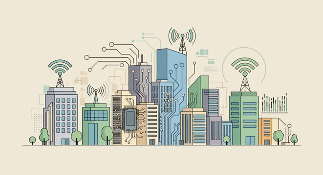 Illustration of a modern cityscape with various buildings, wireless signals, and technology elements on a light background.