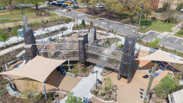 Aerial View of Gipson Play Plaza Adventure Playground at Dorothea Dix Park
