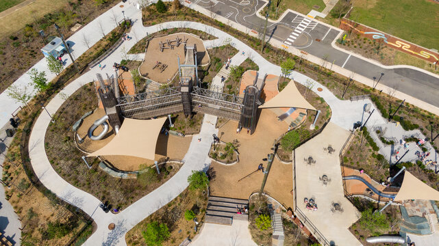 Aerial View of Gipson Play Plaza Adventure Playground at Dorothea Dix Park