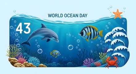 Naklejka premium Celebrating world ocean day with vibrant underwater marine life and coral reefs