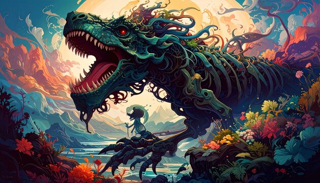 A majestic skeletal dragon, adorned with mythical flora and glowing eyes, dominates a vibrant fantasy landscape, a small figure observing its ancient wonder