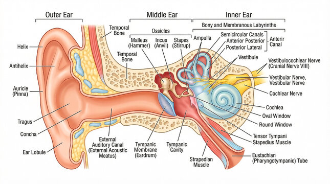 A detailed anatomical illustration of the human ear