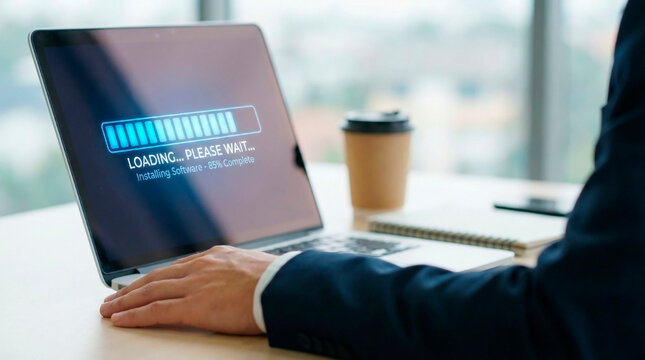 A businessman waits for software to load on his laptop at a modern office desk