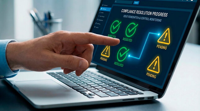 A person interacting with a laptop screen displaying compliance resolution progress