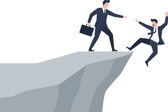 Brave businessman reaching out hand to save colleague falling from cliff for teamwork support crisis management and business partnership concept flat vector