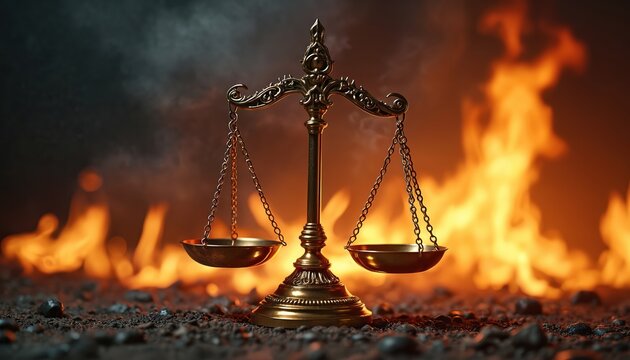 Golden scales of justice stand amid roaring flames and smoke. Symbolizes legal system crisis or heated courtroom debates. Represents fairness challenged by intense conflict and societal unrest.