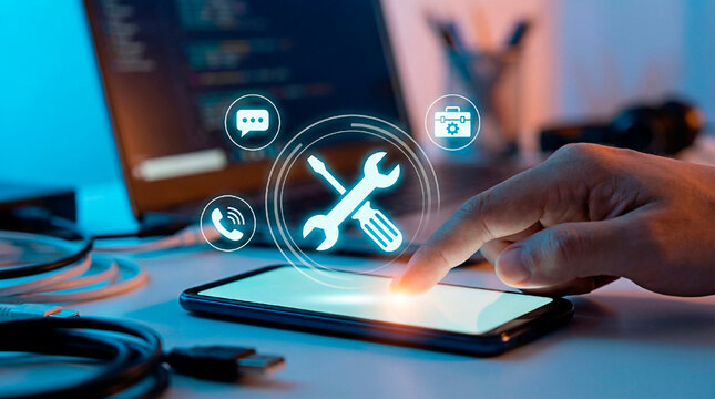A person interacting with a smartphone displaying a toolbox icon for technical support and maintenance