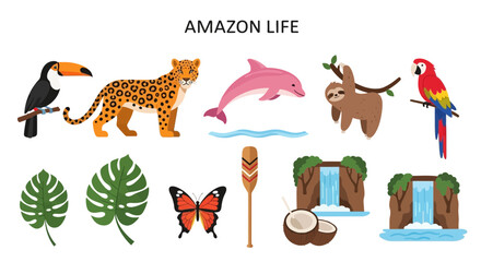 Amazon Rainforest Wildlife and Nature Icons. © Faisal