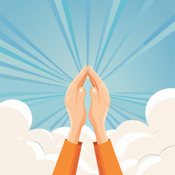 Hands in prayer reaching towards light in the sky