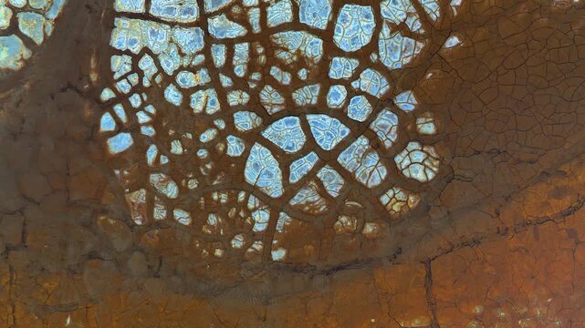 Aerial view of the intricate cracked earth patterns and mineral deposits with reddish soil and blue water in Minas de Riotinto, Andalusia, Spain.