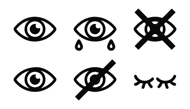 Bold linear eye icon collection with crying tears and crossed out sight symbols for modern web applications.