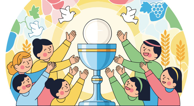 Colorful depiction of children celebrating a religious ceremony with a chalice