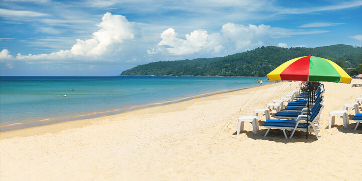 Panorama of Karon Beach, a serene tropical beach in Phuket, Thailand. Karon beach is a very famous tourist destination in Phuket