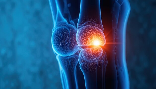 Knee Joint Pain Illustration with Red Glow, Medical Visualization of Injury, Inflammation, and Arthritis