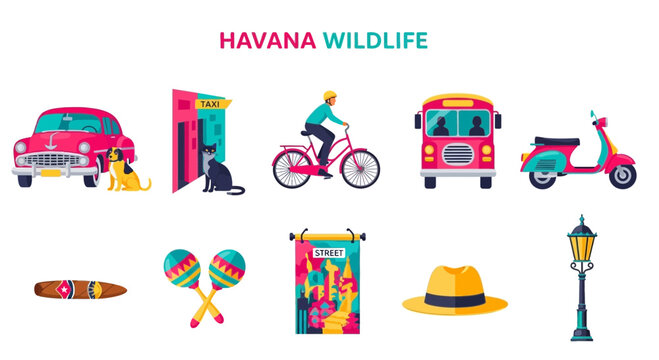 Havana Cuba colorful street icons set.