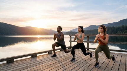 Fototapeta premium Diverse friends performing lunges on a wooden deck at sunrise