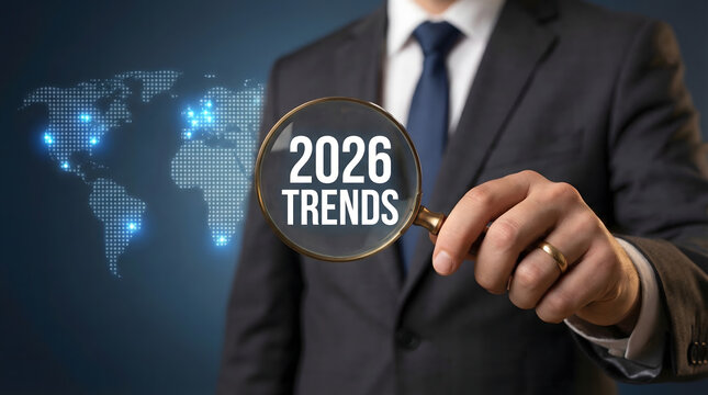 Businessman in suit holds magnifying glass to analyze global 2026 trends on a glowing digi