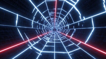 Obraz premium Perspective view of dynamic wireframe tunnel, glowing neon lines, motion effect, immersive sci fi aesthetic, high resolution