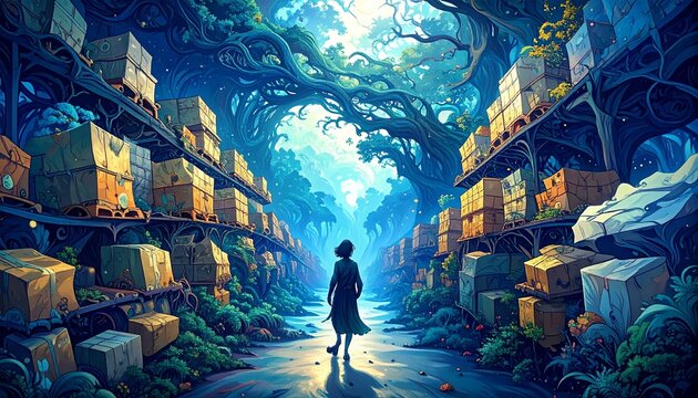 A lone figure stands at the threshold of a mystical warehouse, where ancient trees intertwine with towering shelves of forgotten treasures, leading into an enchanted, ethereal forest realm