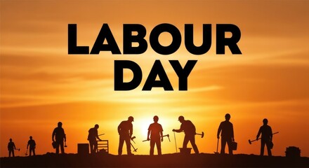 Fototapeta premium Labour day celebration silhouettes of workers against a vibrant sunset
