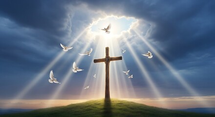 Obraz premium wooden cross on hill with heavenly light rays and white doves, christian faith concept.