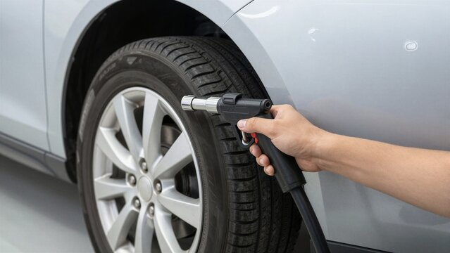 A close-up of a technician's hand using a specialized tool to repair a car dent. The focus is on the precise work being done near the wheel well, with soft focus in the background.
