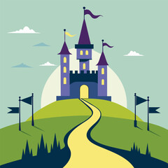 Naklejka premium Tall Fantasy Palace Silhouette with Sharp Pointed Towers Isolated on White Background