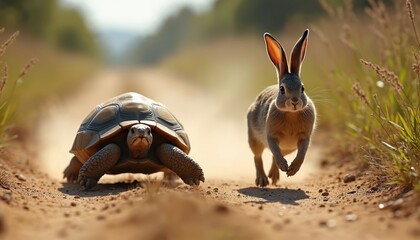 Obraz premium Tortoise and hare race on dirt road. Hare runs fast ahead. Tortoise moves slowly but surely, gaining ground. Concept of strategy and determination.