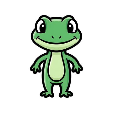 Smiling cartoon green frog character.