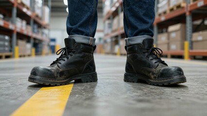 Fototapeta premium Close-up of a worker's feet in black safety boots standing on a concrete floor in a warehouse aisle. Blue jeans and sturdy footwear protect against industrial hazards.